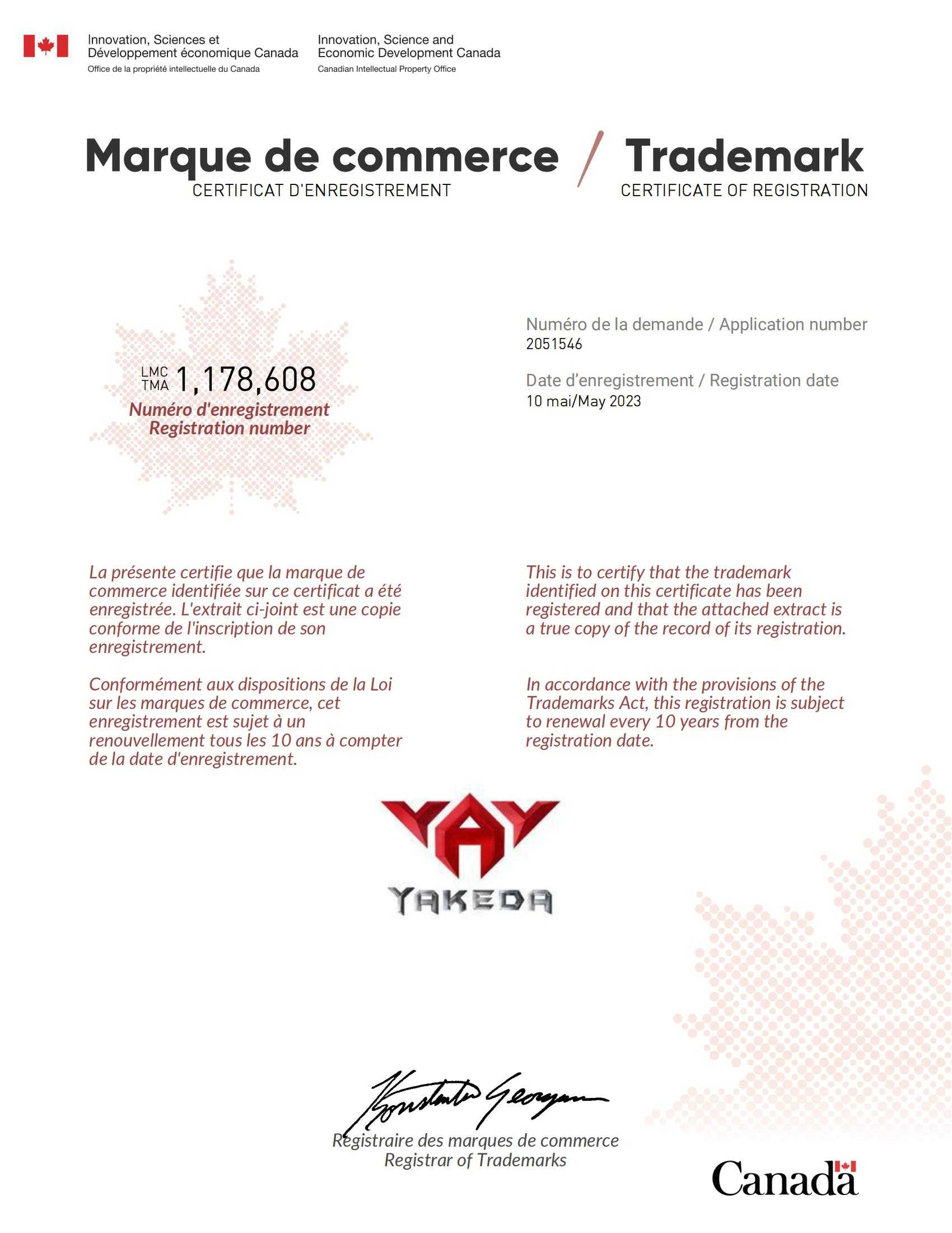 Canada Trademark Certificate